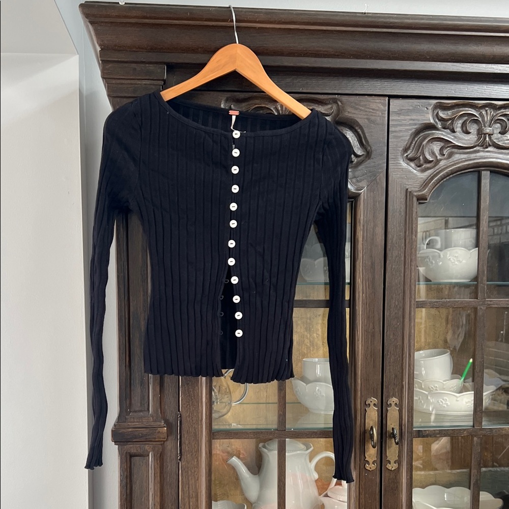 Free People Black Button-Down Ribbed Top